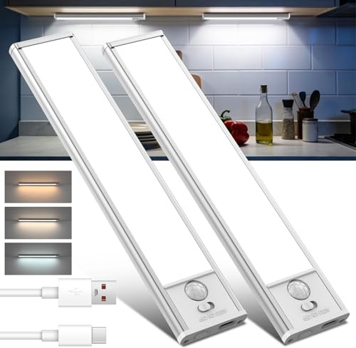 2-Pack Motion Sensor Lights Indoor, Rechargeable Under Cabinet Kitchen Lights, Wireless LED Wardrobe Light with Magnetic Strip, Stick on Cupboard Lights for Stairs, Pantry, Hallway, Cool White