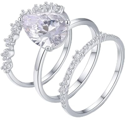 Ring Schmuck, Freundschaftsringe Damen 3-Ring-Set mit Tropfenschliff 4Ct Moissanit 18K Weißgold Größe 60 (19.1)