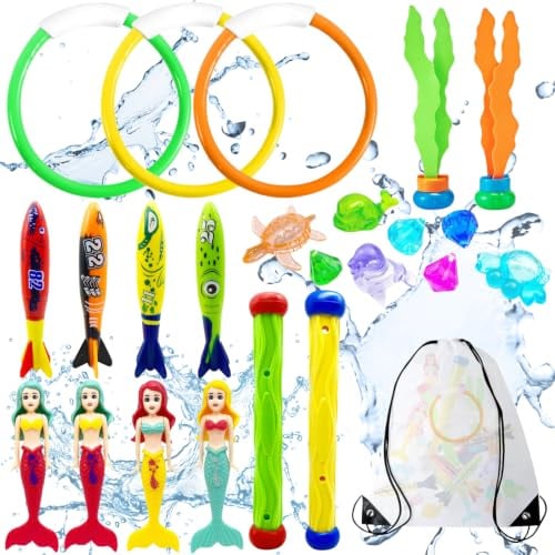 Cuackamily 23 Pcs Kids Diving Pool Game Toy Set With Storage Bag