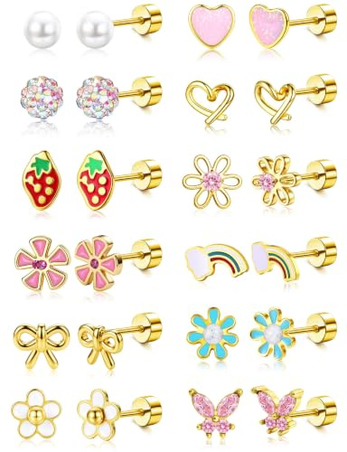 Roheafer 12 Paar Ohrringe Mädchen Flatback Ohrstecker Kinder Hypoallergen | Medizinische Ohrstecker Chirurgenstahl Ohrringe mit Blume Herz Perle Schmetterling Süße Schraubverschluss Ohrring Set