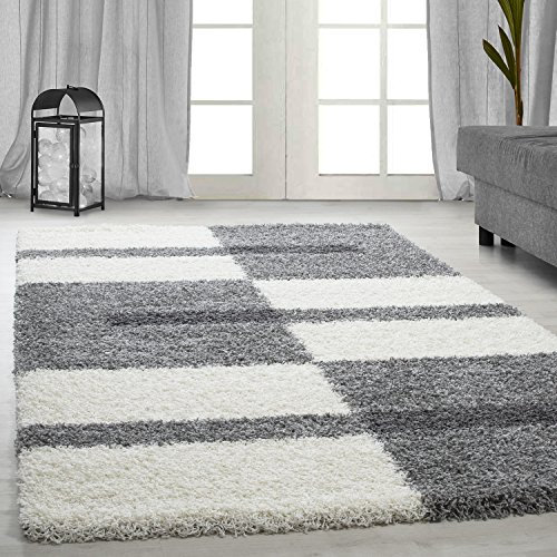 Carpetsale24 Hochflor Teppich Läufer 80x250 cm Hellgrau – Weiche Shaggy Flokati Matte im Karierten Design – Langer Bodenteppich für Flur oder Küche – Pflegeleicht & modern