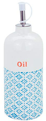 Nicola Spring Olive Oil Bottle - 500ml - Dishwasher Safe Porcelain Kitchen Hand Printed Blue Olive Oil Dispenser Cruet with Chrome Pourer Spout for Kitchens, Restaurants, Dining