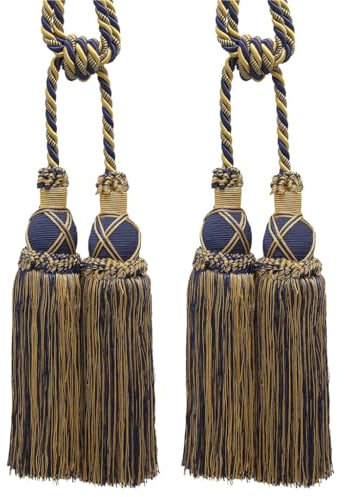 1152 Raffhalter mit Doppelquasten, 25 cm Quaste, 77 cm breit (umarmt), 10 mm Kordel, Imperial II Kollektion, Stil # TBIC-2, Farbe: Marineblau / Gold
