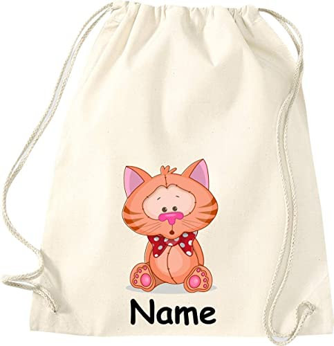 ShirtInStyle Gym Sack Kinder Turnbeutel Tiere Katze mit Wunschnamen, Beutel Tasche Hort Kita, Farbe Natur