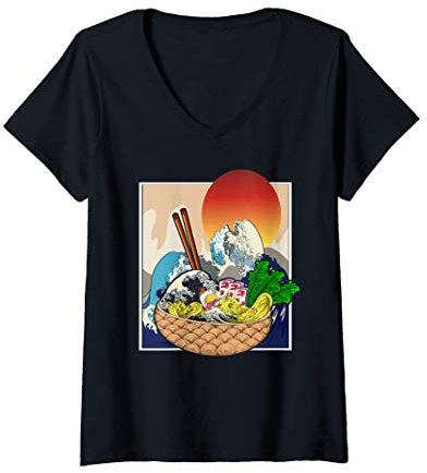 Mujer Ramen Comida Japonesa Palillos Japón Ola Otaku Kawaii Anime Camiseta Cuello V
