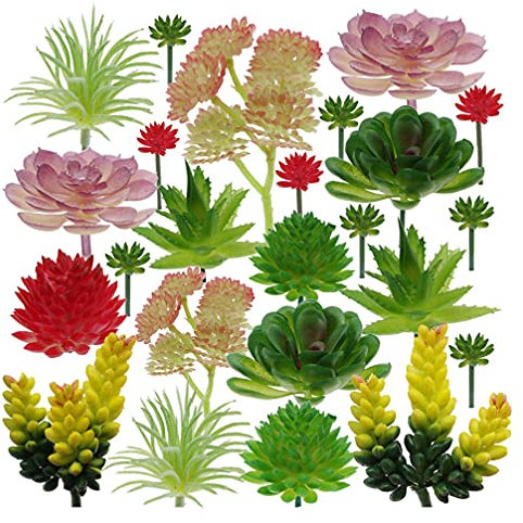Cabilock 24 Stücke Künstliche Sukkulenten Pflanzen Set Kunstpflanze ohne Topf Grün Faux Plastik Kaktus Bonsai Kunstblumen Büro Tischdeko für Pflanzenwand Schreibtisch Wohnzimmer Badezimmer Deko