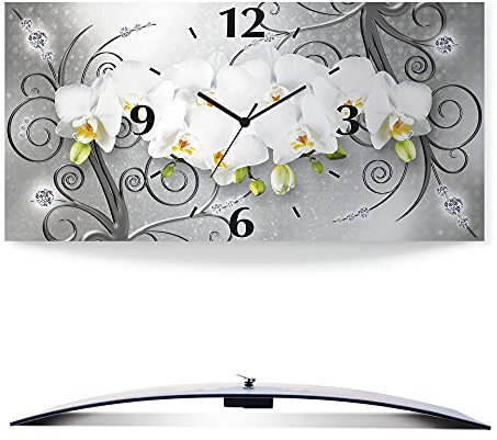 ARTLAND Wanddeko Wanduhr ohne Tickgeräusche Alu Quarzuhr lautlos 60x30 cm Rechteckig Blumenbilder Orchideen Abstrakt Kunst Blumen Ornamente U1QV