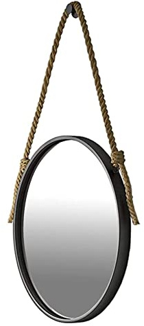 Knjlwa Espejo Colgante Redondo - Espejo Decorativo con Marco de Metal Negro y Cuerda de cáñamo (Diámetro: 70 cm) Espejo De Pared para Dormitorio Baño Sala de Estar apartamento