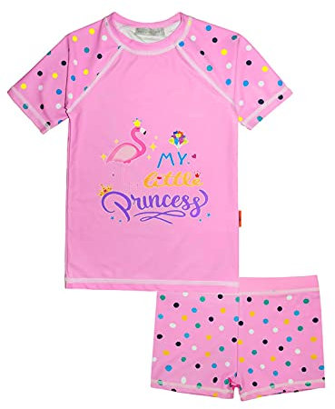 weVSwe Kleinkind Mädchen Badeanzug Zweiteiler Rash Guards UV-Schutz Set Kleine Prinzessin Kurzarm Rosa Flamingo 3-4 Jahre