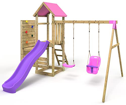 Rebo® Wooden Climbing Frame with Vertical Rock Wall, Swing Set and Slide - Rainier+ Pink | Outdoor Toys | Sturdy Wooden Construction, Pressure Treated Timber