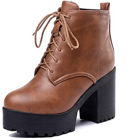 Lroey Reoly Stivaletti da Donna con Tacco Chunky, Stivali da Combattimento Tacco Alto Punta Rotonda Polacchine Cordoncino Plateau 137 Marrone/Hm Numero 34 EU