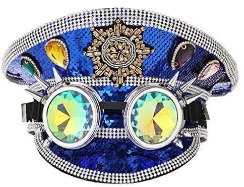 GRACEART Musik Festival Hut Pailletten Militär Kapitän Zylinder Hut Erwachsene Halloween Steampunk Kopfbedeckung Caps mit Brille