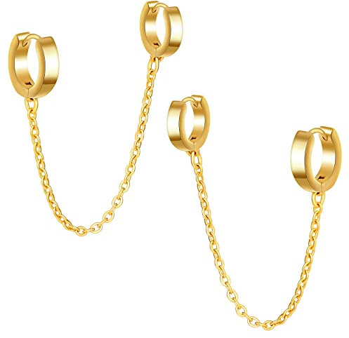 feilok Edelstahl Damen Herren Creolen Ohrringe Herren Ohrschmuck Ohrringe Männer Creolen Ring Ohrstecker Rund mit Kette gold