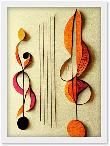 Wee Blue Coo Abstract Autumnal Boho Music Clefs and Staff Musical Cream Copper Pink Yellow Artwork Framed Wall Art Print A4