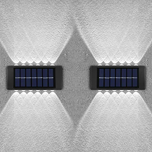 Leehui 2 Pack Solar Wall Lights Outdoor, 12 LED Waterproof Solar Fence Lights Up and Down Wall Lamps for Garden Decoration, Fence, Yard, Front Door, Pathway (12 LED Bright White, 2 Pack)