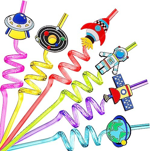 24 Stück Strohhalme Kinder,Neuheit Weltraum Strohhalme,Lockige Party Trinkhalme Kinder,Wiederverwendbare Strohhalm Kinder Spiral Strohhalme für Weltraum Thema Geburtstagsfeier Party Deko