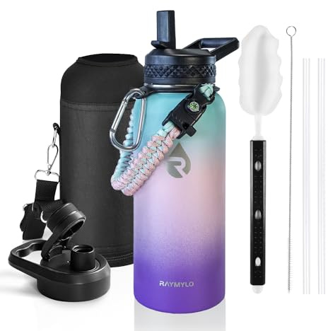 RAYMYLO Bouteille d'eau isotherme de 946 ml en acier inoxydable à triple paroi (froide pendant 24 heures, chaude pendant 12 heures), anti-fuite et sans BPA, carafe d'eau moderne avec poignée en