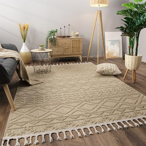 Paco Home Teppich Wohnzimmer Schlafzimmer Kurzflor Skandinavisches Boho Muster Geometrische Optik Einfarbig Fransen Moderne Deko, Grösse:200x280 cm, Farbe:Beige