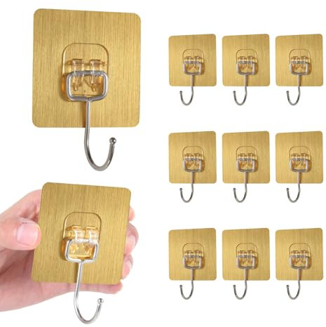 Fisynug 10Pcs Large Self Adhesive Hooks Heavy Duty 44 lb/ 20kg (Max) Removable Sticky on Wall Hooks for Hanging Waterproof Rustproof Towel and Coats Hooks for Bathroom Kitchen Office