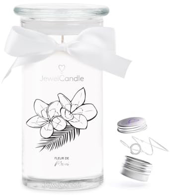 JuwelKerze Fleur de Monoi Armband Silber - Schmuckkerze 80 Std - große Duftkerze im Glas mit Kokosnuss Duft - Kerze mit Schmuck - Geschenke für Frauen, Geburtstag