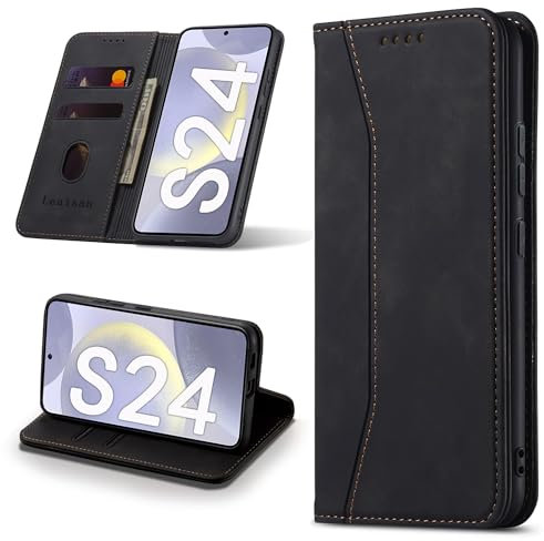 Leaisan Handyhülle für Samsung Galaxy S24 Hülle Premium Leder Flip Klappbare Stoßfeste Magnetische [Standfunktion] [Kartenfächern] Schutzhülle für Samsung S24 5G Tasche - Schwarz