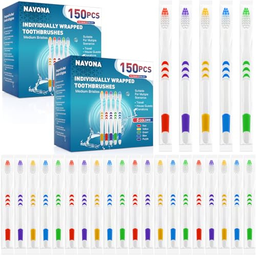 Navona 300 Stück einzeln verpackte Bulk-Zahnbürsten, bunte manuelle Einweg-Zahnbürsten für Erwachsene oder Kinder, ergonomischer Griff, mittelweiche Borsten, perfekt für Reisen, Hotel, Spenden