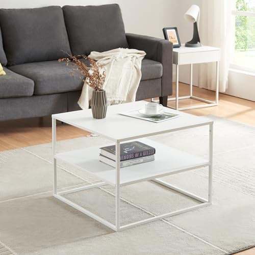 [en.casa] Couchtisch Solund Beistelltisch mit Ablage Metall Weiß matt Wohnzimmertisch mit Stauraum 60 x 60 x 45 cm Sofatisch rechteckig Kaffeetisch