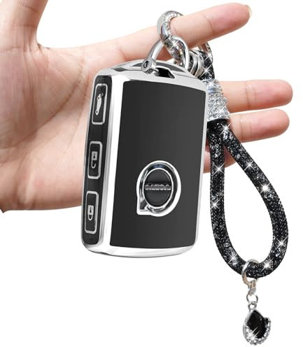 Yumzeco Schlüsselhülle Hülle Cover Kompatibel mit Volvo XC40 XC60 XC70 XC90 C30 S60 S80 S90 V60 V70 V90 2014-2021,4 Tasten Silicone TPU mit glänzendem Diamant Schlüsselband,Keyless Schutzhülle-Schwarz