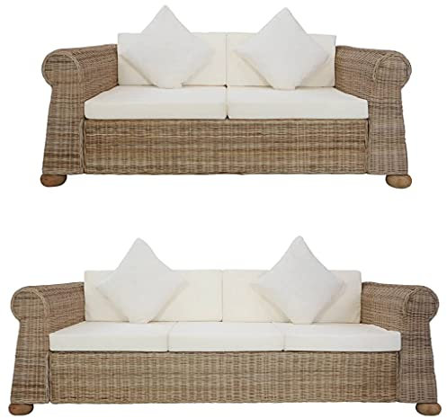 Gecheer 2-TLG. Sofagarnitur Schlafsofa Couch Gästebett Polstergarnitur Sofa Set Möbel Set mit Kissen Natur Rattan