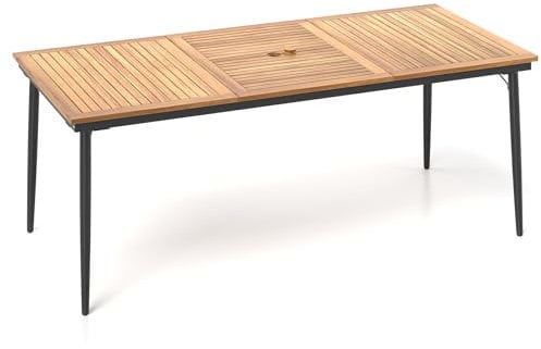 COSTWAY 8-Seater Garden Dining Table, 2m Acacia Wood Picnic Table with Slat Tabletop, Umbrella Hole, Metal Legs & Adjustable Foot Pads, All-weather Rectangular Patio Bistro Table for Outdoors