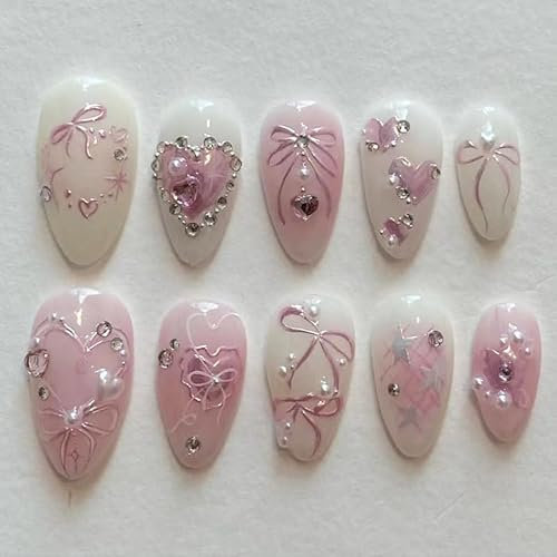 MouyouGlow Press on Nails Kurz,Almond Rosa Base Bow Tie Schleife Fliege 3D Perlen Herz Sterne Sweet Fairy Coquette Fake Nails mit Nagelkleber,Frisch Sommer Künstliche Fingernägel