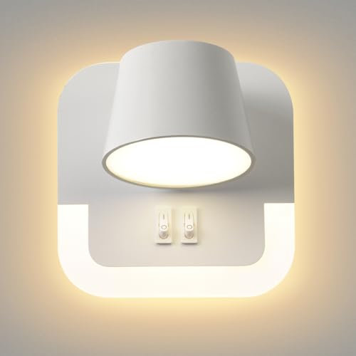 AWEKLIY LED Lampe de lecture murale, Applique murale avec liseuse, 3000K Température de couleur réglable, lampe de chevet murale, 4W+8W Tête de lampe rotative, Pour Salle d'étude Chambre Hôtel, Blanc