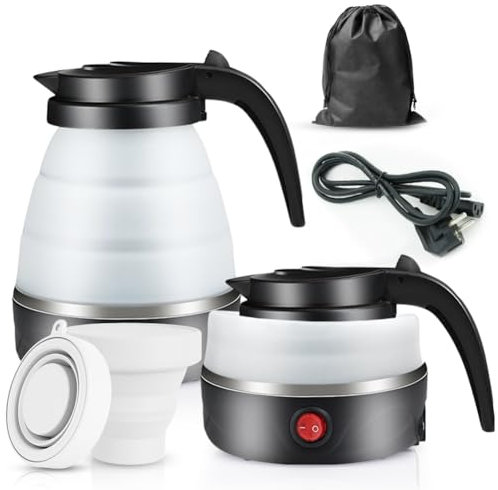 Piashow 600ml Faltbarer Wasserkocher Mini Mit 2 Faltbecher - Elektrisch Klein Silikon Wasserkessel für Camping, Reise, Outdoor