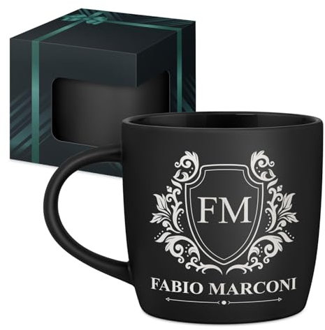 Maverton Tazza da caffè macchiato o tè in ceramica - 400 ml - Incisione personalizzata - Tazze con manico per bevande per Lui - Bicchiere da colazione per compleanno uomo - Interno nero - reale
