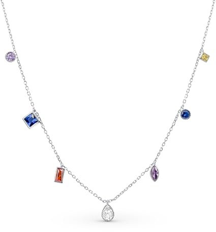 Ambeta Damen Halskette mit Zirkonia aus Sterling Silber 925| Kleine Silber Kristall Kette | Layering Halskette | Halsband Silber Damen: Kette Zirkonia Bunt