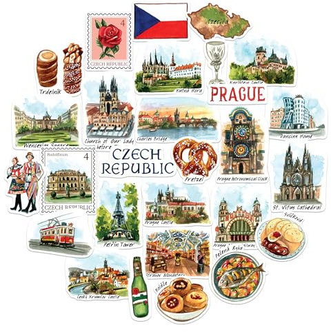Navy Peony Charmante Tschechische Republik Reiseaufkleber (28 Stück) - Aquarell, Prag, Tschechien-thematisches Urlaubsdekor für Tagebücher, Sammelalben, Gepäck