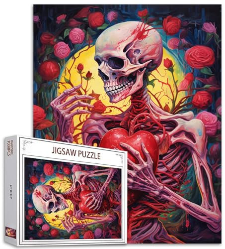 Day of The Dead Skull Puzzles pour adultes 1000 pièces, puzzle squelette d'Halloween tenant en forme de cœur 1000 pièces, puzzle de squelette humain rose fleur humain, décoration d'Halloween, puzzle
