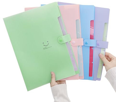4 Pack Accordion Document Organizer, A4 Expandable File Jackets, 5 Pocket Plastic File Folder, Document Storage Expander Portable, Paperwork File Organizer with 4 Colored Tags (Smile)