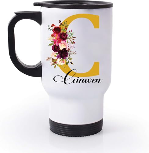 EKAM Personalised Travel Mug - Customise with Initial and Name, 14oz Stainless Steel Insulated Travel Tea/Coffee Mug, Gift for Valentine’s Day, Birthday, Christmas Day for Mom, Dad, Kids (Gold)
