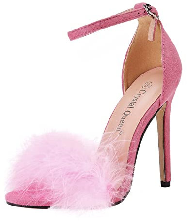 Sandali da donna con plateau e tacco alto, con cinturino in piuma, con fibbia, sexy, con fibbia, tacco alto, scarpe da spogliarellista, rosa, 39 EU