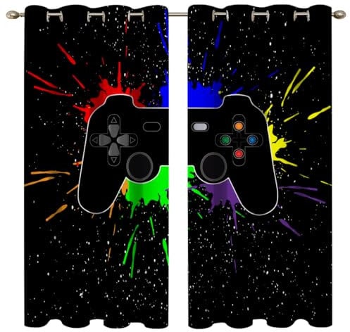 goodbath Gaming Curtains for Bedroom, Gamer Blackout Eyelet Thermal Insulated Ring Top Window Treatment 2 Panels for Living Room Nursery,Black, 46x54 inch(117 x 138 cm)
