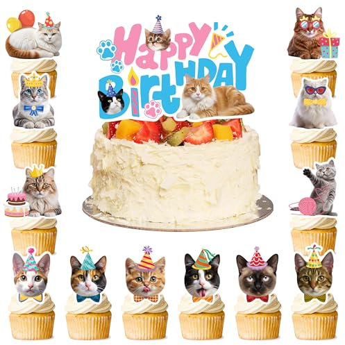 Decorazioni per Torte a Tema Gatto, 24 Pcs Topper per Cupcake a Tema Gattino + 1 Pcs Topper per Torta di Compleanno a Forma di Gatto per Decorazioni per Feste di Gatto