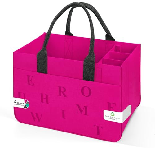 Eurhomewit Filz Einkaufskörbe Filztasche Einkaufstasche mit Fächern, Filztasche Groß 30L Faltbar Robust Flaschentasche Kaminholztasche Kleiderkorb Spielzeugtasche (Magenta + Dunkelgrau/1 Stück)