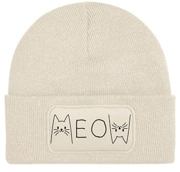 NIMAMA Kinder Mütze Beanie Meow Katze Wintermütze Statement Spruch Print Geschenk Unisex Strickmütze für Jungen und Mädchen - Beige