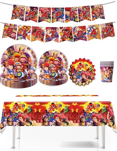 Cartoon Partygeschirr Set, Brawl Kindergeburtstag Party Pappteller Set, Kindergeburtstag Pappteller Set für Parteien, Taufe Geburtstagsparty (orange)