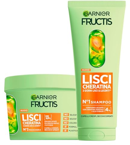 Garnier Fructis Keratin Sleek Set Shampoo 200ml + Maske 370ml Glättende Behandlung Pflanzliches Keratin und Arganöl für Trockene und Glanzlose Haare Vegane Formel - Set aus 2