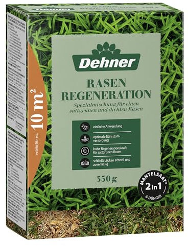 Dehner Rasen-Reparatur Regeneration, Saatgut und Dünger in einem für strapazierfähigen Rasen, pflegeleicht, ideal für beschädigte Rasenflächen, FSC-zertifizierte Verpackung, 350 g für ca. 10 m²