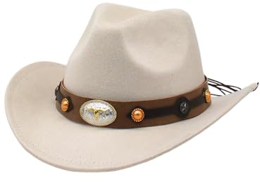 Cowboyhut für Damen und Herren, formbar, breite gerollte Filzkrempe, breite Krempe, Stierkopfgürtel, Westernhut