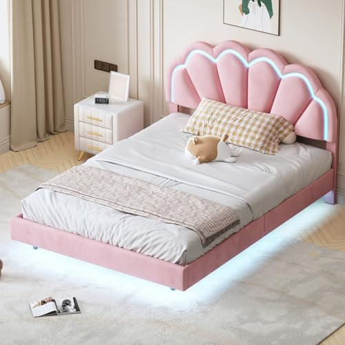 FEEOHOME Lit pour Enfant rembourré 140x200 cm, Lits Fille avec sommier à Lattes et éclairage LED, lit Double avec tête de lit à pétales, Velours, sans Matelas (Rose)