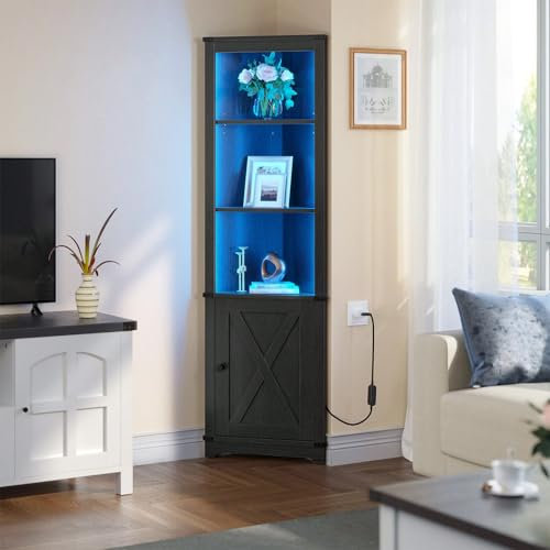 Warmiehomy Wooden Corner Wine Racks Free Standing Wine Bar Cabinet with Light & Door, 5-Tiers Industrial Corner Display Drinks Cabinet for Home Bar, Kitchen, Dining Room, Living Room, Office, Black